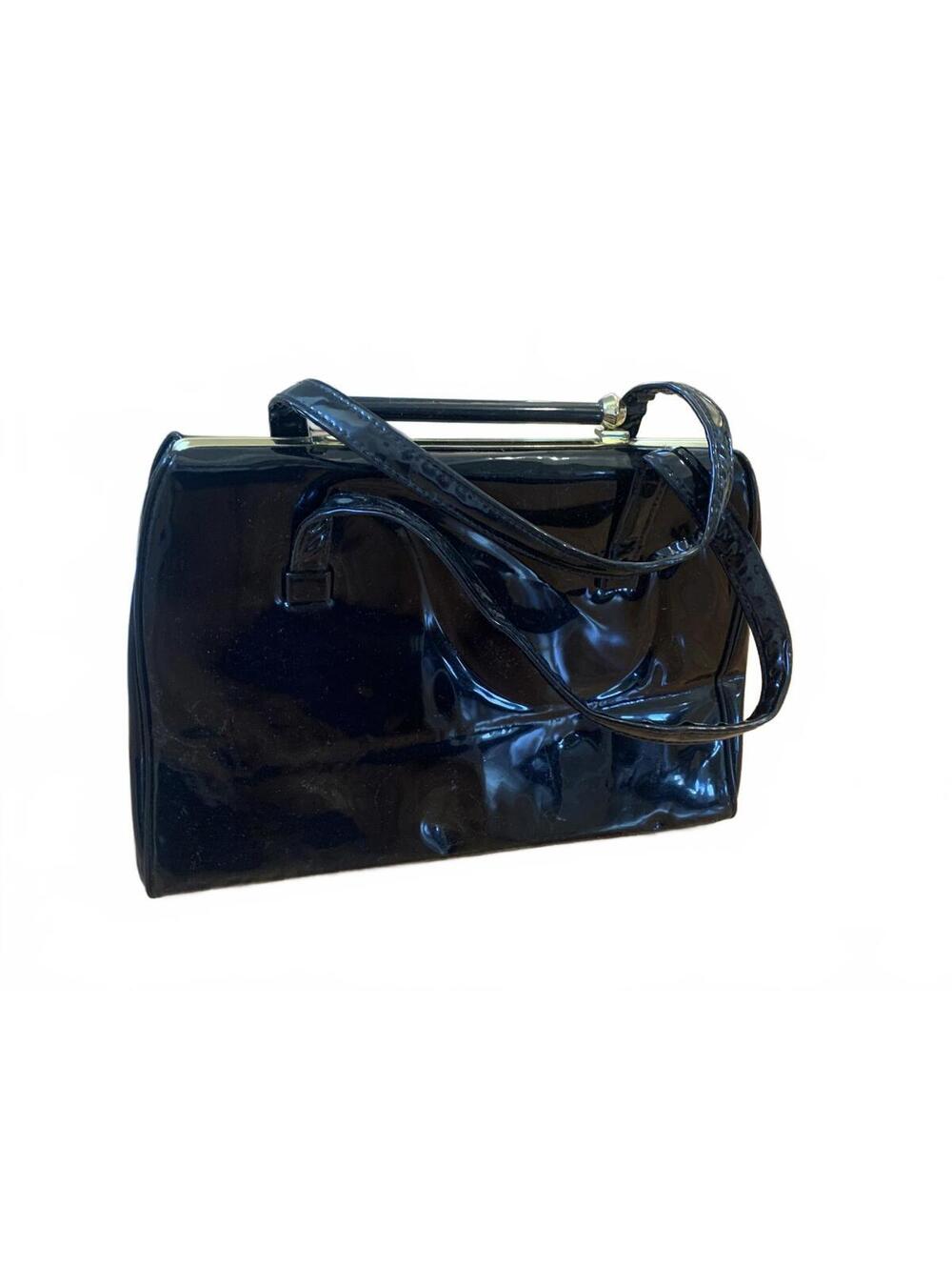 Vintage Black Patent Leather Handbag with Gold Tone Frame